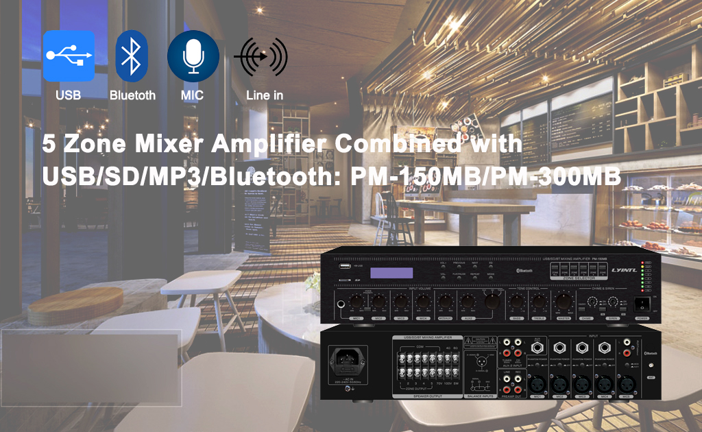 New 5 Zone Mixer Amplifier with USB/SD/Bluetooth: PM-150MB/PM-300MB